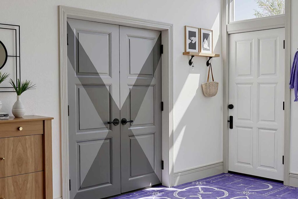 entryway with geometric black white and gray door and white walls and light gray trim, modern entryway with a geometric black white and gray door white walls and patterned tile floor in a scottsdale home featuring curated décor and dramatic moody lighting, room color plan, interior color palette, color coordination for interiors, house paint colors (interior), indoor paint colors, home interior colors, interior paint color ideas, coordinating interior colors, matching interior colors, interior color combinations, color pairings for home