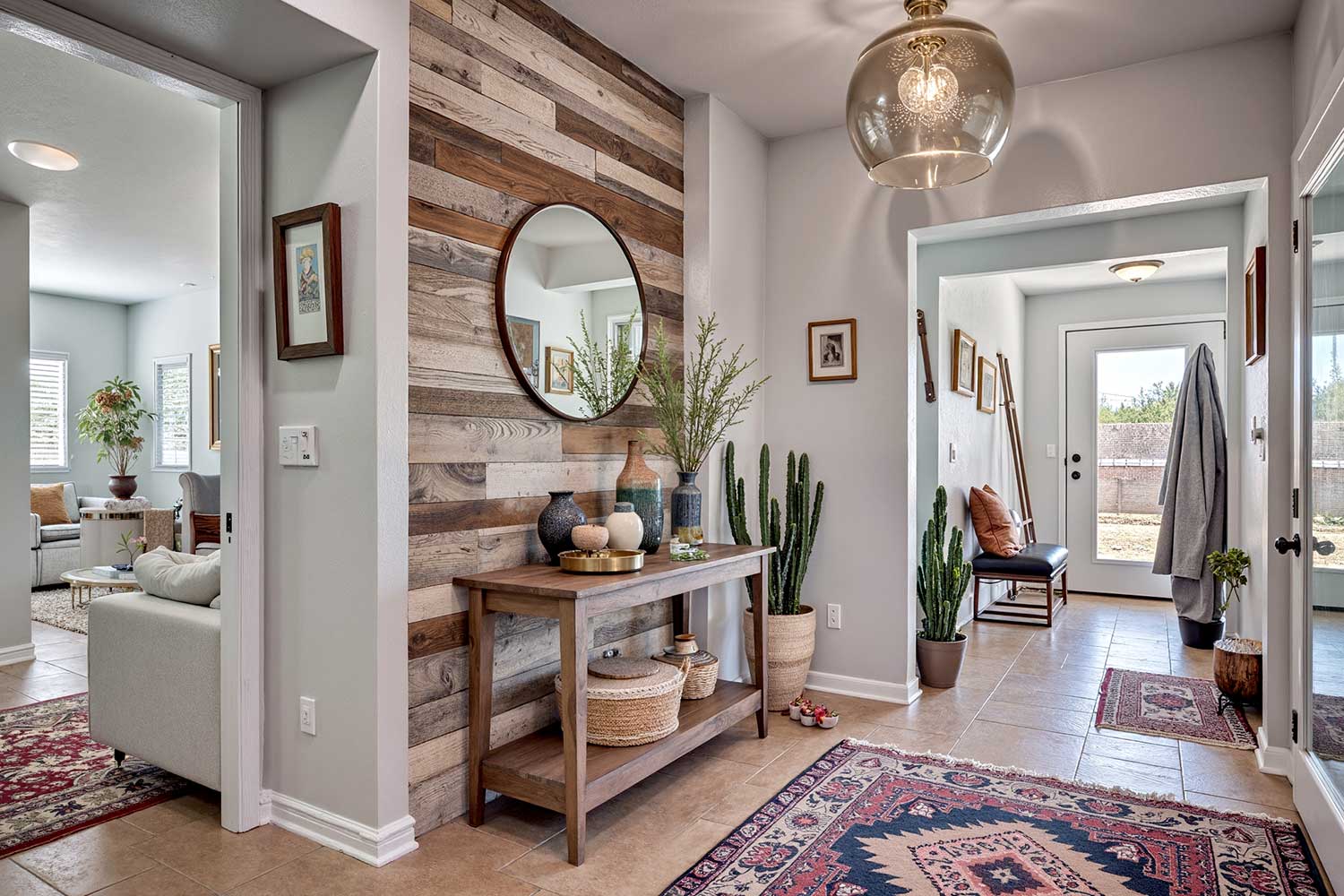 entryway with reclaimed wood accent wall and light gray walls, accent wall color ideas, home color schemes, interior color choices, interior color schemes, ideas for accent walls, feature wall colors