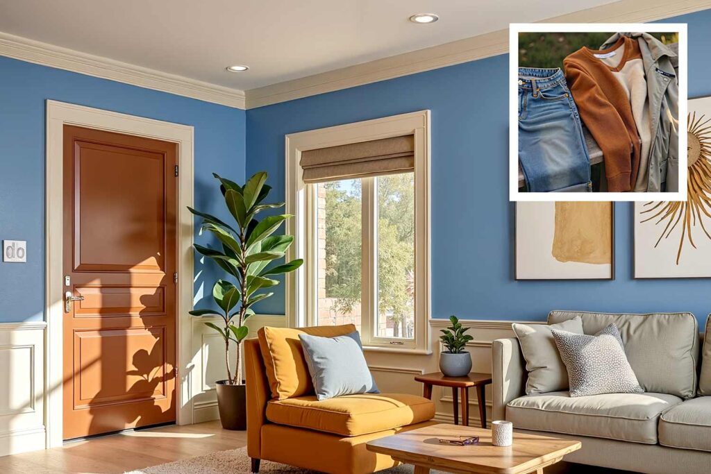 family room with denim blue walls and wheat beige trim and burnt orange door, Dressing your home in style, Color palette ideas from fashion, Home painting ideas from personal style, Trend-inspired house painting, Color matching home and wardrobe, Lifestyle-inspired paint schemes, Signature style home colors, Personalized home color inspiration, Fashion palette for interiors, Wearable color trends for homes, Home decor inspired by favorite outfits