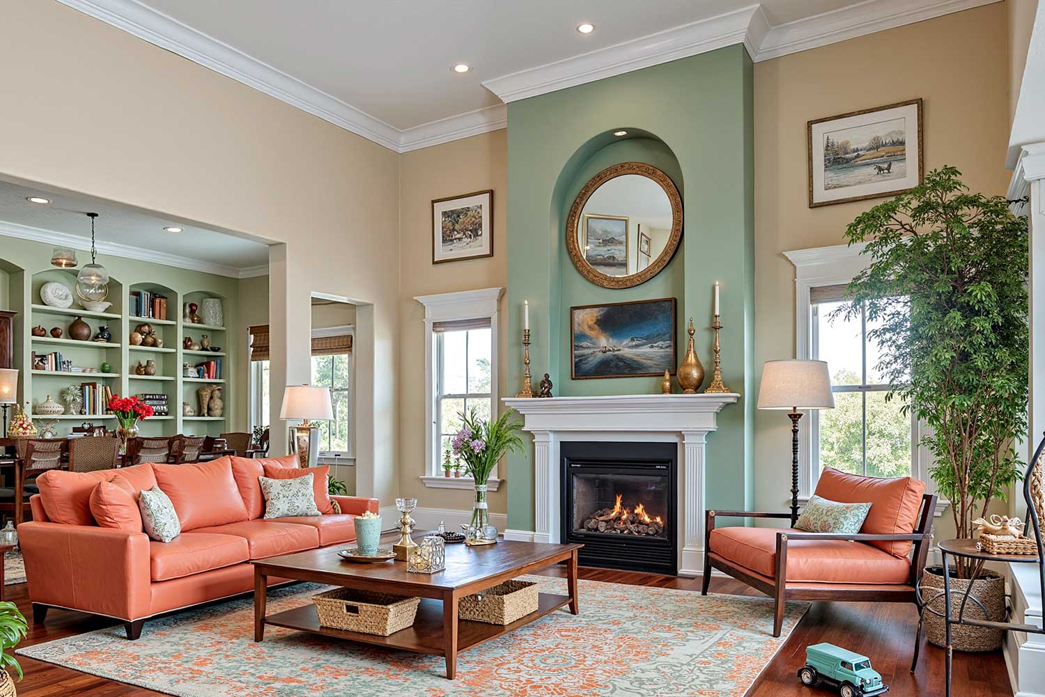 family room with sage green built-in bookcase accent wall cream trim and wood floors, accent wall color ideas, home color schemes, interior color choices, interior color schemes, ideas for accent walls, feature wall colors