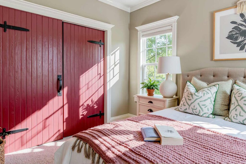 farmhouse bedroom with burgundy beadboard sliding closet door black hinges cream walls, farmhouse bedroom with beadboard sliding door sage green black hinges cream walls and gray carpet in a Phoenix Arcadia home featuring cozy cottage décor and dramatic moody lighting, room color plan, interior color palette, color coordination for interiors, house paint colors (interior), indoor paint colors, home interior colors, interior paint color ideas, coordinating interior colors, matching interior colors, interior color combinations, color pairings for home
