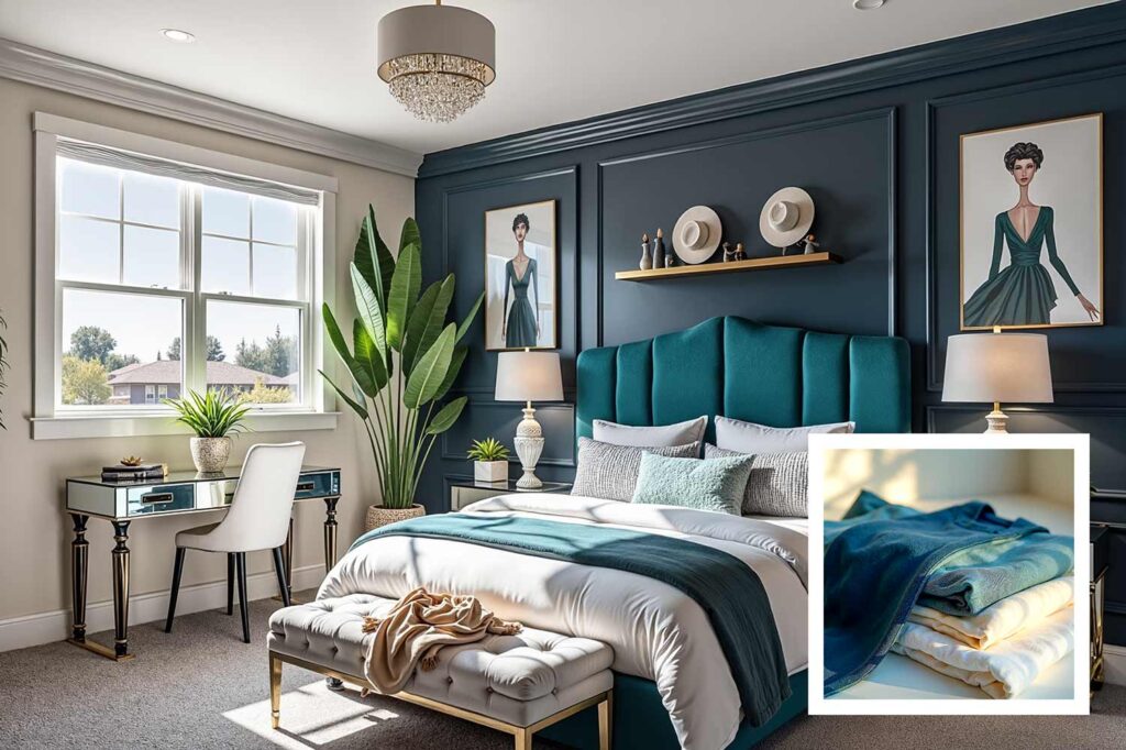 fashion-inspired navy-blue bedroom with beige wall and cream trim and gray carpeting, Runway-to-room color ideas, Apparel-influenced paint choices, Clothing-inspired interior hues, Personal style color schemes, Outfit-inspired home decor colors, Textile-inspired paint palettes, Couture color inspiration for homes, Closet-to-home color coordination, Fashion-forward house colors, Designer-inspired paint colors, Color stories from your wardrobe, Home color curation from clothing