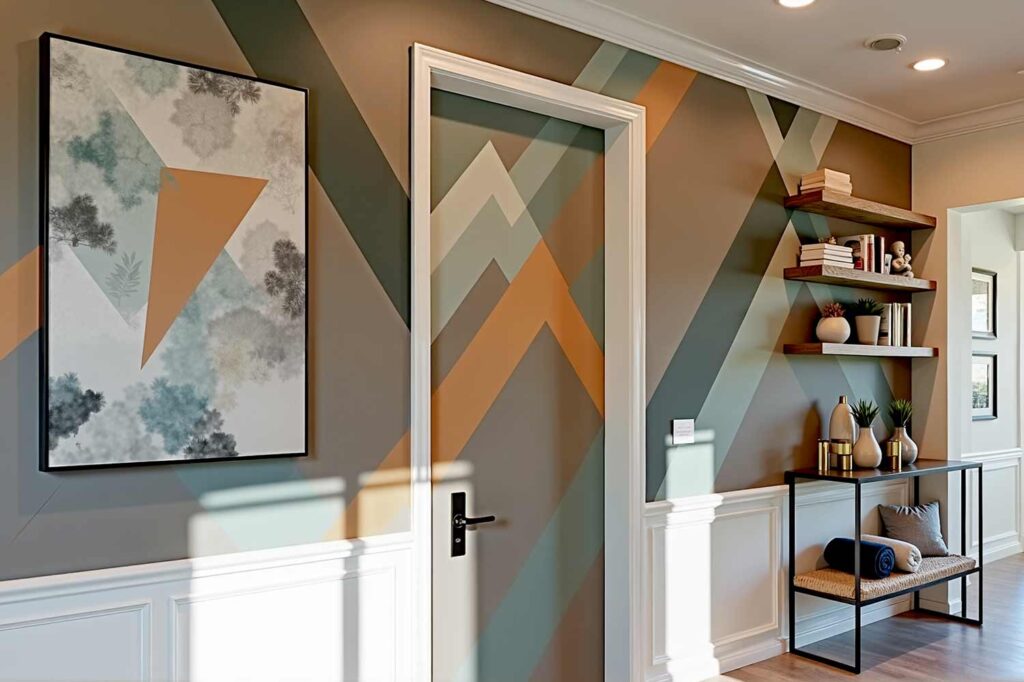 hallway with bold diagonal striped door and wall with white trim and wood flooring, contemporary hallway with bold diagonal striped door and wall painted in brown terracotta misty green tan and other walls painted in light gray with oak flooring in a Phoenix Arcadia home featuring graphic décor and dramatic moody lighting, room color plan, interior color palette, color coordination for interiors, house paint colors (interior), indoor paint colors, home interior colors, interior paint color ideas, coordinating interior colors, matching interior colors, interior color combinations, color pairings for home