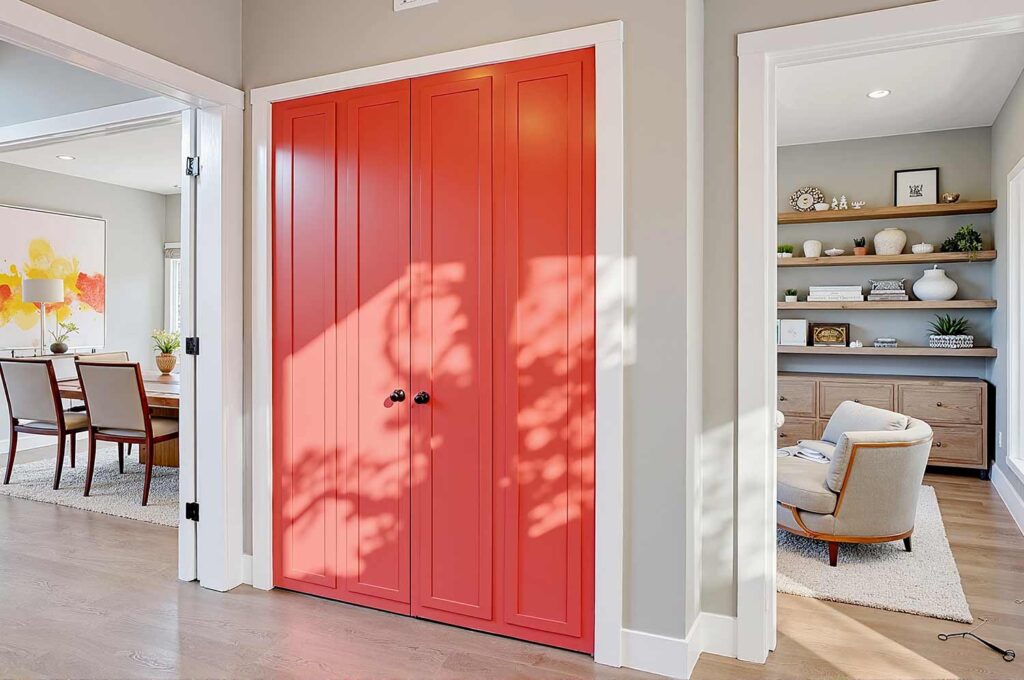 hallway with faux paneled coral door and light gray walls and white trim oak flooring, contemporary hallway with a faux paneled coral door light gray walls and oak flooring in a Phoenix home featuring modern décor and dramatic moody lighting, refresh interior doors, creative door painting, door color ideas, painted door inspiration, unique door painting designs, ideas for painting doors, painting indoor doors, painting doors inside, painting home interior doors, how to paint interior doors, home color palette