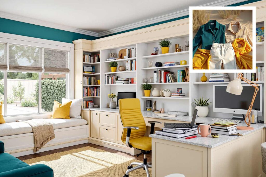 home office with teal walls and white trim and warm sand cabinets, Runway-to-room color ideas, Apparel-influenced paint choices, Clothing-inspired interior hues, Personal style color schemes, Outfit-inspired home decor colors, Textile-inspired paint palettes, Couture color inspiration for homes, Closet-to-home color coordination, Fashion-forward house colors, Designer-inspired paint colors, Color stories from your wardrobe, Home color curation from clothing