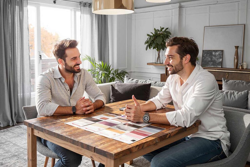 homeowner and interior painter discussing color palettes in a modern living room. The two review color swatches in a bright, contemporary living room with dark paneled walls, natural light, modern décor, and neutral furnishings, creating a creative and stylish atmosphere. Contractor and client doing color consultation, Transform Your Home's Curb Appeal with one of the Best Exterior Painting Contractors in Phoenix, best exterior painting contractors, exterior painting contractor near me, exterior painting contractors near me, exterior paint contractor near me, exterior paint contractors near me, exterior painting company near me, exterior house painting contractors, exterior home painting contractors, exterior painting contractor, exterior painting contractors, exterior paint contractors