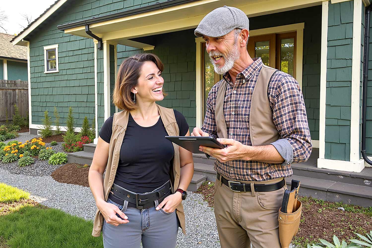 A woman talks with a contractor outside a modern craftsman home featuring green siding, white trim, and a stone steps. The neatly landscaped front yard and professional atmosphere highlight a home improvement consultation in natural daylight. final inspection, Transform Your Home's Curb Appeal with one of the Best Exterior Painting Contractors in Phoenix, best exterior painting contractors, exterior painting contractor near me, exterior painting contractors near me, exterior paint contractor near me, exterior paint contractors near me, exterior painting company near me, exterior house painting contractors, exterior home painting contractors, exterior painting contractor, exterior painting contractors, exterior paint contractors, painting contractor phoenix, Enhance the beauty of your home with a skilled painting contractor