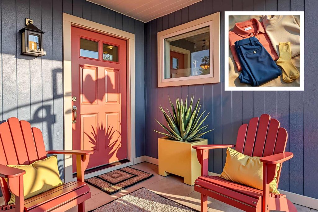 house cobalt blue walls and sand beige trim and soft coral door, Runway-to-room color ideas, Apparel-influenced paint choices, Clothing-inspired interior hues, Personal style color schemes, Outfit-inspired home decor colors, Textile-inspired paint palettes, Couture color inspiration for homes, Closet-to-home color coordination, Fashion-forward house colors, Designer-inspired paint colors, Color stories from your wardrobe, Home color curation from clothing