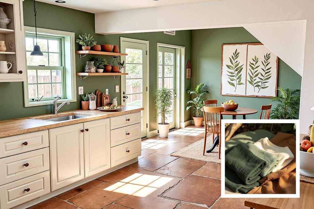 kitchen with sage green walls and pastel green trim and cream door and terracotta tile, Runway-to-room color ideas, Apparel-influenced paint choices, Clothing-inspired interior hues, Personal style color schemes, Outfit-inspired home decor colors, Textile-inspired paint palettes, Couture color inspiration for homes, Closet-to-home color coordination, Fashion-forward house colors, Designer-inspired paint colors, Color stories from your wardrobe, Home color curation from clothing