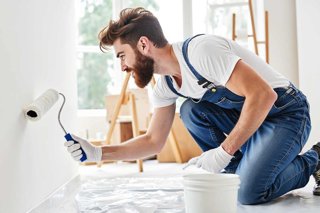 Young man painting an indoor wall with a paint roller in a bright, modern room. He is kneeling on a plastic-covered floor wearing white gloves, a white t-shirt, and blue denim overalls with paint splatters. The wall is being painted a fresh white color. Natural sunlight streams through large windows in the background, illuminating the space with soft, diffused light. A wooden step ladder and some storage boxes are visible in the background, suggesting a home renovation or decorating project in progress. The scene captures careful attention to detail and a focused, creative atmosphere.