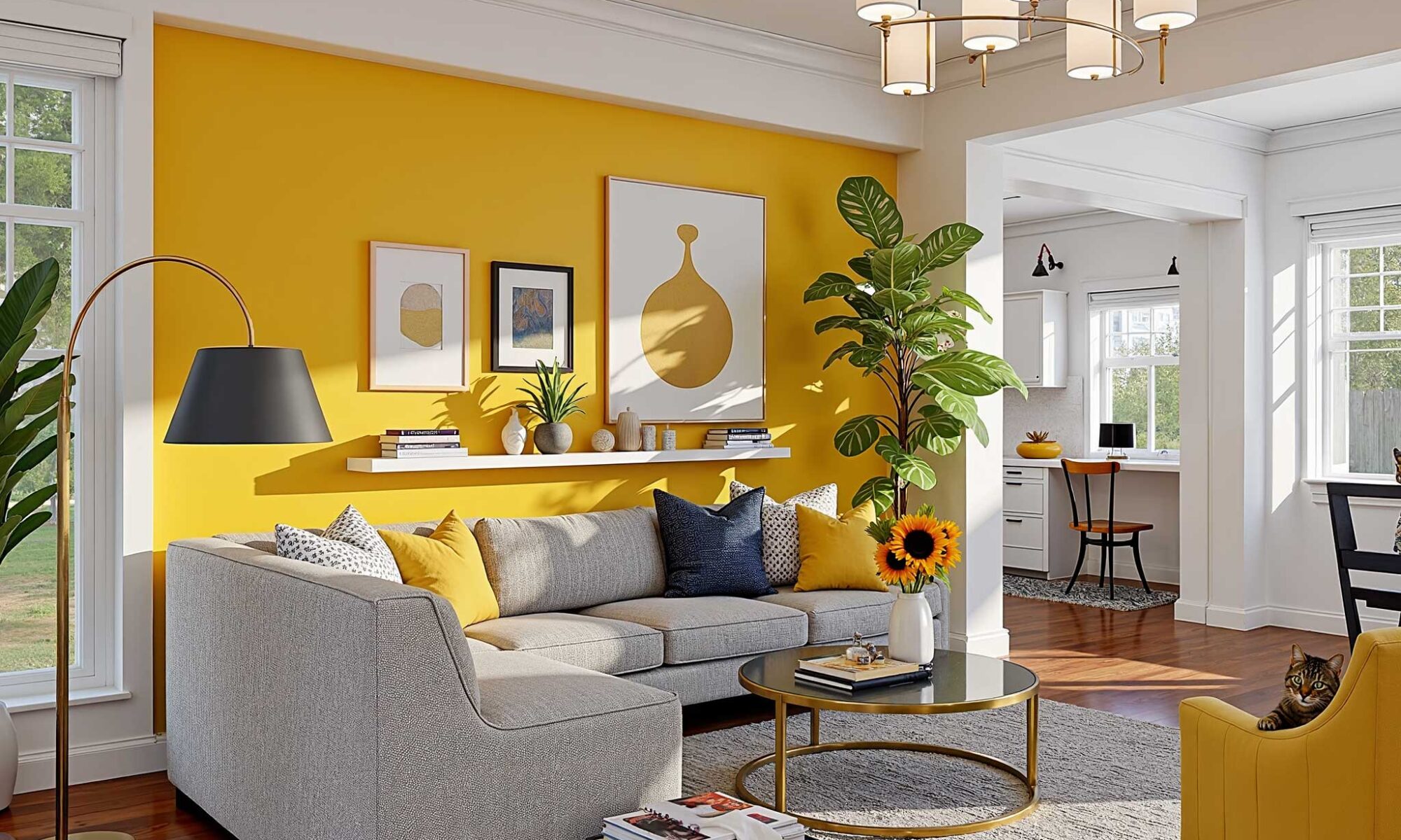 living room with deep golden yellow accent wall white trim and walnut hardwood floor, accent wall color ideas, home color schemes, interior color choices, interior color schemes, ideas for accent walls, feature wall colors