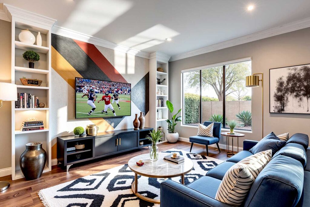 living room with geometric mural accent wall soft gray walls white trim, accent wall color ideas, home color schemes, interior color choices, interior color schemes, ideas for accent walls, feature wall colors