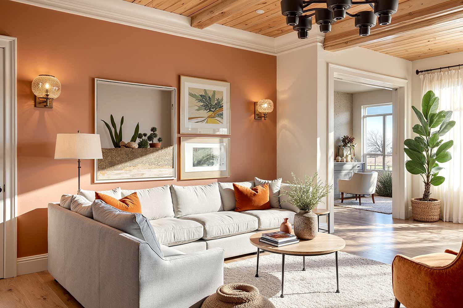 terracotta walls and cream trim and exposed wood beams and oak floors s large gray sectional coral pillows and harsh natural sunlight in scottsdale, Spacious serene living room with terracotta walls cream trim and light oak floors featuring a large gray sectional terracotta pillows and a gallery wall of cactus artwork. Harsh late morning sunlight streams through floor-to-ceiling windows casting dramatic shadows and highlights in a Scottsdale neighborhood home. 2 coats of paint are better than 1 in house painting, Bryce House Painting, two coats of paint benefits, why two coats of paint are better, is two coats of paint necessary, painting with two coats vs one coat, best paint coverage with two coats, how many coats of paint do i need, two coats of paint for durability, professional painting two coats, painting tips two coats better, house painting two coats recommendation, interior painting two coats advantage, exterior painting two coats importance, two coats of paint for better finish, painting contractors recommend two coats, cost of two coats of paint vs one