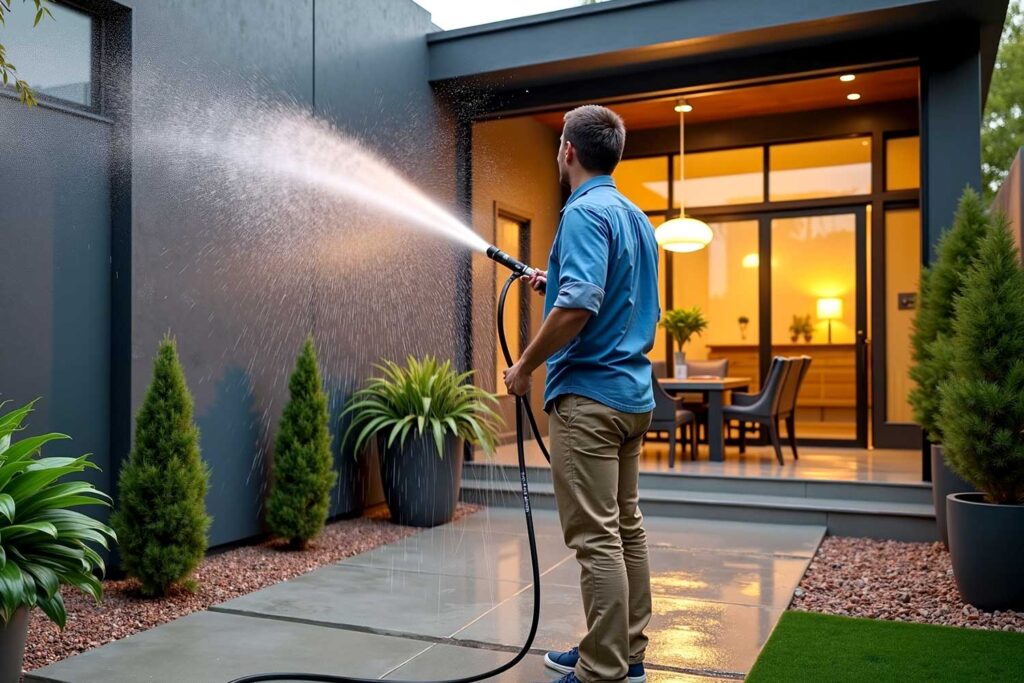 man power washing modern house exterior with lush plants at sunset in scottsdale
