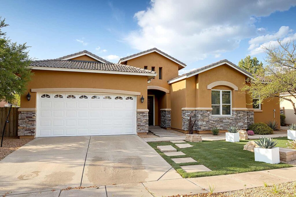Large Mediterranean ranch house with a two-car garage in a Scottsdale neighborhood, recently painted with rich ochre stucco walls, crisp white trim, a white garage door, and gray stone accents. Features lush landscaping, modern planters, a bronze sculpture, and a dirty, stained driveway under dramatic late afternoon sunlight. ochre house, affordable exterior painting contractors, best exterior home painting contractors, Transform Your Home's Curb Appeal with one of the Best Exterior Painting Contractors in Phoenix, best exterior painting contractors, exterior painting contractor near me, exterior painting contractors near me, exterior paint contractor near me, exterior paint contractors near me, exterior painting company near me, exterior house painting contractors, exterior home painting contractors, exterior painting contractor, exterior painting contractors, exterior paint contractors, Phoenix, Scottsdale, Arcadia
