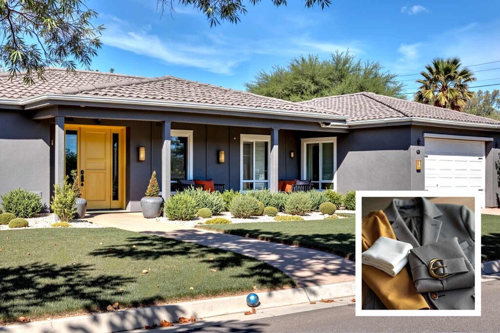 mid-century modern house with slate gray walls white trim and mustard ochre front door, Runway-to-room color ideas, Apparel-influenced paint choices, Clothing-inspired interior hues, Personal style color schemes, Outfit-inspired home decor colors, Textile-inspired paint palettes, Couture color inspiration for homes, Closet-to-home color coordination, Fashion-forward house colors, Designer-inspired paint colors, Color stories from your wardrobe, Home color curation from clothing