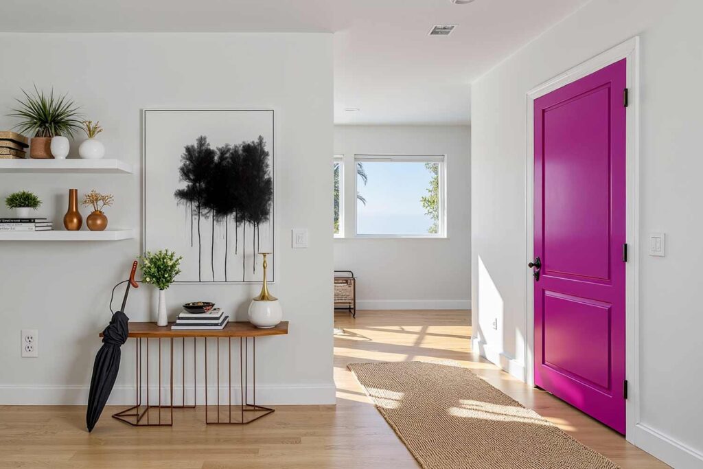 minimalist hallway with magenta door with white walls and trim and light oak wood, modern minimalist hallway with a bold magenta door white walls and light oak wood floors in a scottsdale home featuring stylish décor and dramatic moody lighting, refresh interior doors, creative door painting, door color ideas, painted door inspiration, unique door painting designs, ideas for painting doors, painting indoor doors, painting doors inside, painting home interior doors, how to paint interior doors, home color palette