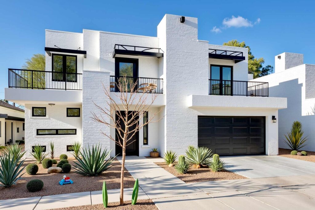 modern minimalist two-story home with white brick walls, black trim, desert xeriscape landscaping, and harsh morning sunlight in Phoenix. modern minimalist two-story home with bright white brick walls and black trim, featuring clean cubic lines and large windows. a large modern house with a two-car garage in a Phoenix neighborhood, freshly painted with crisp white brick and sharp black accents. The front yard is landscaped with desert xeriscape plants, including cacti and drought-tolerant shrubs, arranged within low concrete retaining walls. Harsh morning sunlight casts bold, sharp shadows across the façade, highlighting the texture of the brick and the geometric forms. There are dried leaves in the driveway and yard. The perspective is from a 30-degree angle viewed from the street, looking at the house from the corner. 2 coats of paint are better than 1 in house painting average house painting cost in Phoenix Arizona, painting with two coats