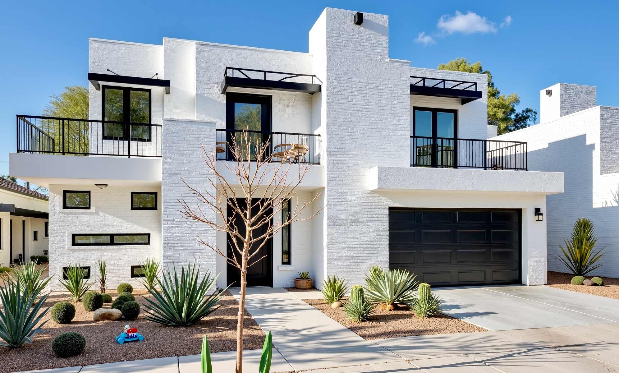 modern minimalist two-story home with white brick walls, black trim, desert xeriscape landscaping, and harsh morning sunlight in Phoenix. modern minimalist two-story home with bright white brick walls and black trim, featuring clean cubic lines and large windows. a large modern house with a two-car garage in a Phoenix neighborhood, freshly painted with crisp white brick and sharp black accents. The front yard is landscaped with desert xeriscape plants, including cacti and drought-tolerant shrubs, arranged within low concrete retaining walls. Harsh morning sunlight casts bold, sharp shadows across the façade, highlighting the texture of the brick and the geometric forms. There are dried leaves in the driveway and yard. The perspective is from a 30-degree angle viewed from the street, looking at the house from the corner. 2 coats of paint are better than 1 in house painting average house painting cost in Phoenix Arizona, painting with two coats