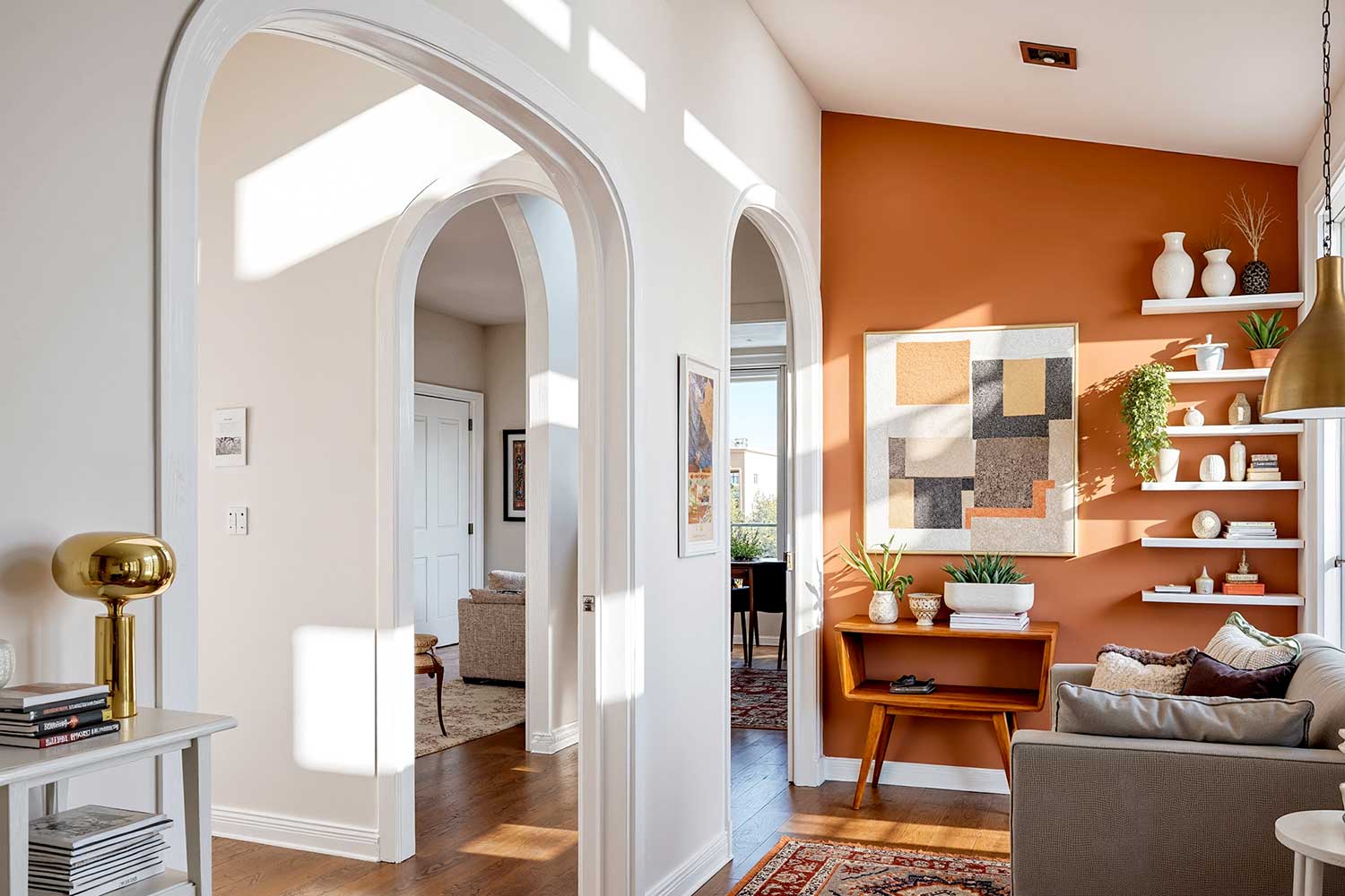 modern hallway with terracotta accent wall white trim and warm oak flooring, accent wall color ideas, home color schemes, interior color choices, interior color schemes, ideas for accent walls, feature wall colors