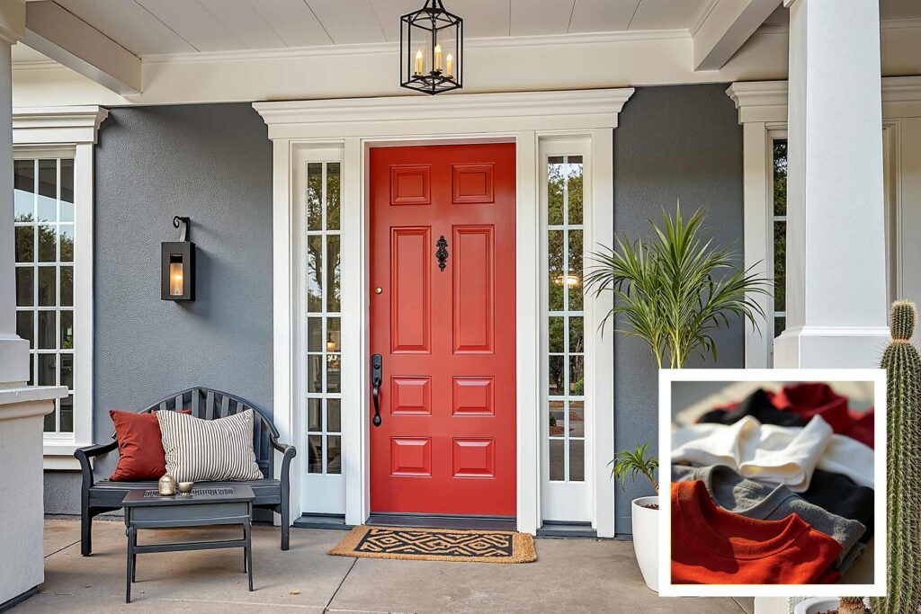 modern house entry porch with charcoal gray walls and white trim and red front door FEATURE, Runway-to-room color ideas, Apparel-influenced paint choices, Clothing-inspired interior hues, Personal style color schemes, Outfit-inspired home decor colors, Textile-inspired paint palettes, Couture color inspiration for homes, Closet-to-home color coordination, Fashion-forward house colors, Designer-inspired paint colors, Color stories from your wardrobe, Home color curation from clothing