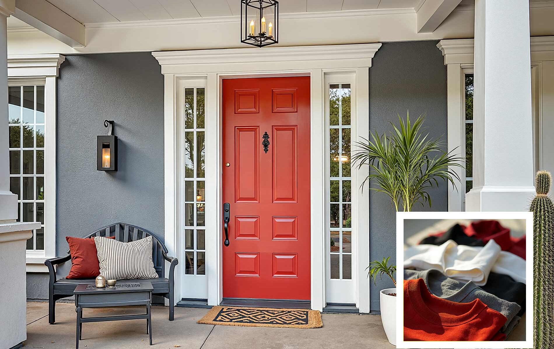 modern house entry porch with charcoal gray walls and white trim and red front door FEATURE, Runway-to-room color ideas, Apparel-influenced paint choices, Clothing-inspired interior hues, Personal style color schemes, Outfit-inspired home decor colors, Textile-inspired paint palettes, Couture color inspiration for homes, Closet-to-home color coordination, Fashion-forward house colors, Designer-inspired paint colors, Color stories from your wardrobe, Home color curation from clothing