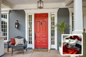 modern house entry porch with charcoal gray walls and white trim and red front door FEATURE, Runway-to-room color ideas, Apparel-influenced paint choices, Clothing-inspired interior hues, Personal style color schemes, Outfit-inspired home decor colors, Textile-inspired paint palettes, Couture color inspiration for homes, Closet-to-home color coordination, Fashion-forward house colors, Designer-inspired paint colors, Color stories from your wardrobe, Home color curation from clothing