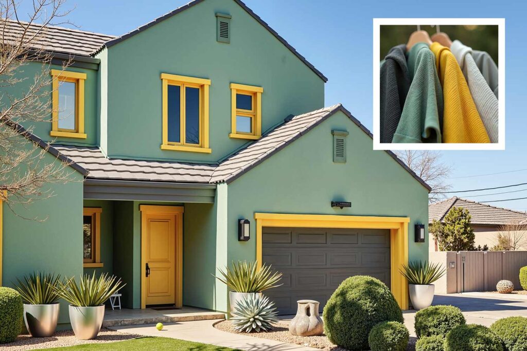 modern house with mint green walls and charcoal gray and yellow trim, house colors inspired by clothing, house paint colors, using your wardrobe to help design your color palette , house color schemes, house painting inspiration, home paint colors, paint color inspiration, Fashion-inspired home colors, Wardrobe-inspired color palettes