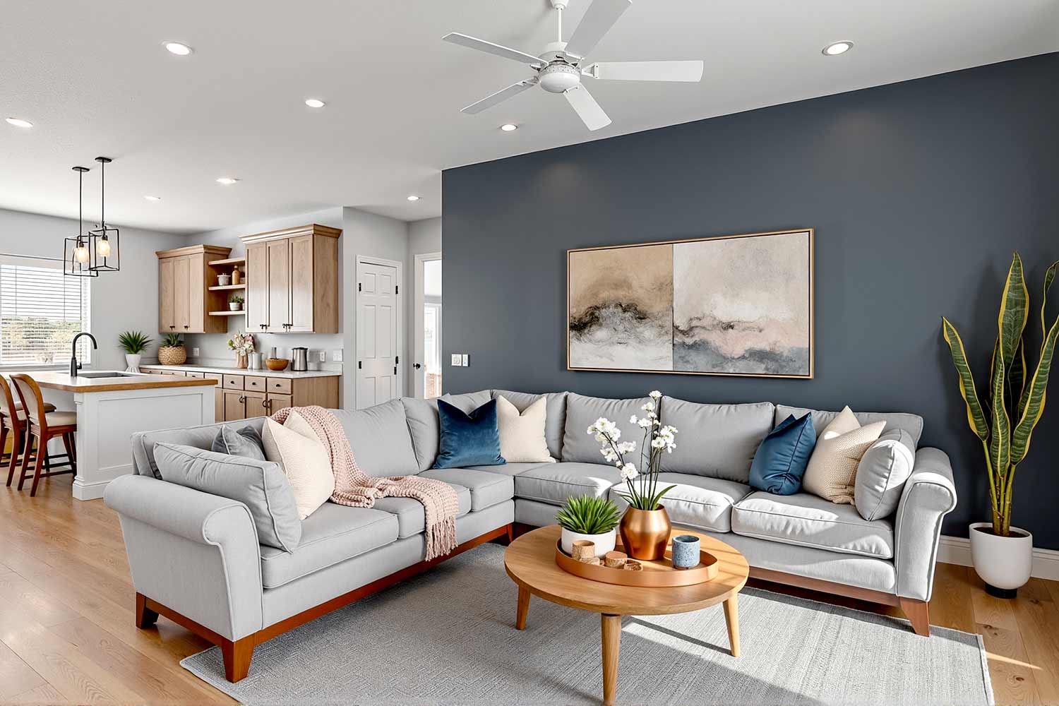 open living room and kitchen with slate blue walls and white trim, contemporary open living room kitchen slate blue walls white trim light oak floors modern furniture harsh sunlight, contemporary open living room and kitchen in a Scottsdale neighborhood featuring deep slate blue walls white trim and light oak flooring. Spacious seating area with gray sofas mid-century armchairs and warm wood accents. Harsh mid-morning sunlight creates dramatic shadows and bright highlights highlighting the modern décor and fresh paint.