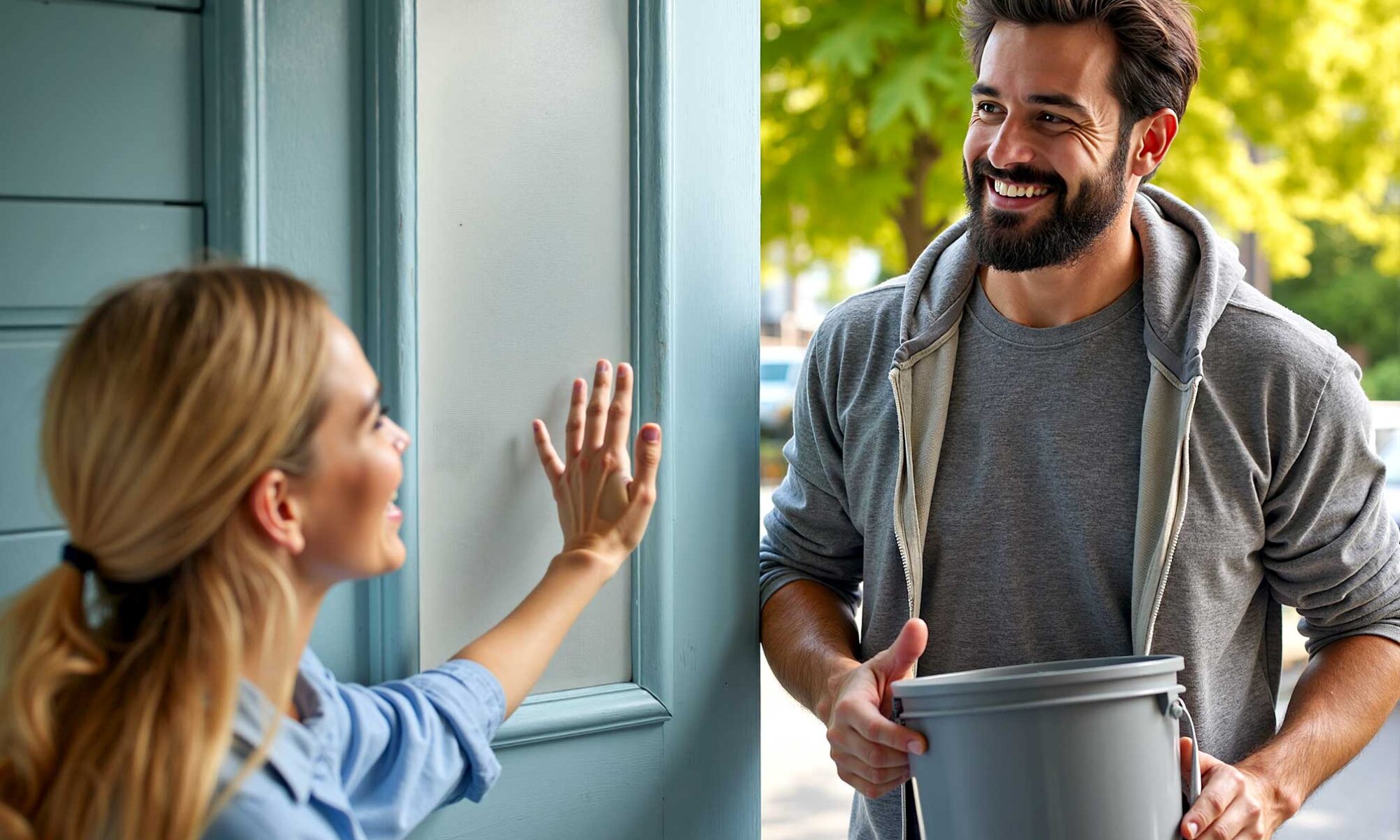 painting contractor at front door with a house painting client in Phoenix, prepping for professional paint job, tips and tricks for getting your Arcadia Phoenix house ready to paint