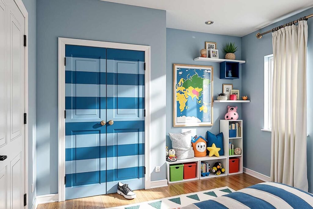 playful kids bedroom with striped blue door soft and blue walls and white trim, playful kids bedroom with a vertical striped blue door soft blue walls and light oak floors in a Phoenix Arcadia home featuring creative décor and dramatic moody lighting, refresh interior doors, creative door painting, door color ideas, painted door inspiration, unique door painting designs, ideas for painting doors, painting indoor doors, painting doors inside, painting home interior doors, how to paint interior doors, home color palette