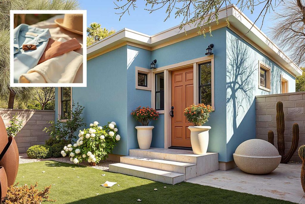 powder blue guest house with light sand trim and terracotta door, house colors inspired by clothing, house paint colors, using your wardrobe to help design your color palette , house color schemes, house painting inspiration, home paint colors, paint color inspiration, Fashion-inspired home colors, Wardrobe-inspired color palettes