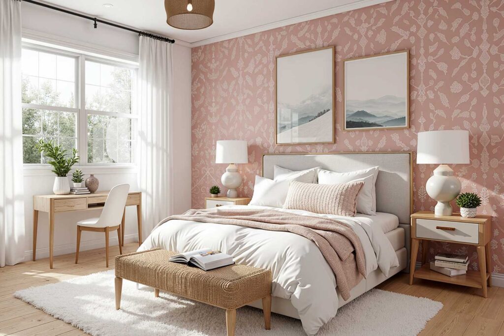Scandinavian bedroom with a stenciled accent wall in soft blush pink and white, accent wall color ideas, home color schemes, interior color choices, interior color schemes, ideas for accent walls, feature wall colors