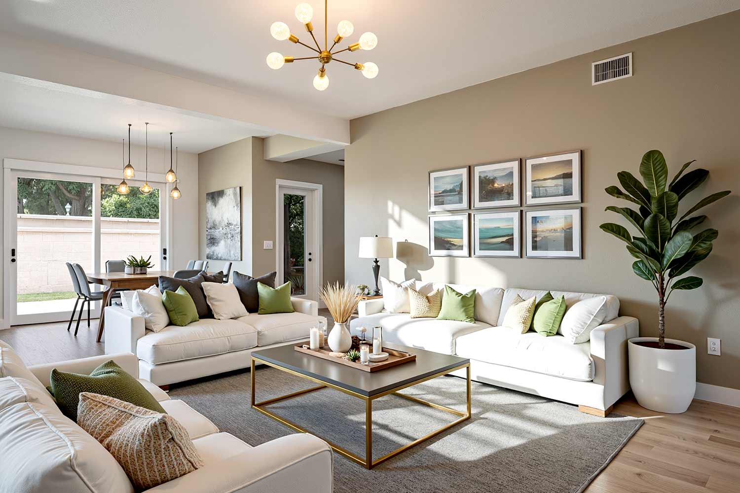 Spacious contemporary living room with olive green walls white trim and light oak floors featuring a white sectional sofa gold coffee table and large gray rug. Harsh late afternoon sunlight streams through sliding glass doors casting dramatic shadows and highlighting modern decor in a Scottsdale neighborhood. 2 coats of paint are better than 1 in house painting Bryce House Painting, 2 coats of paint are better than 1 in house painting, Bryce House Painting, two coats of paint benefits, why two coats of paint are better, is two coats of paint necessary, painting with two coats vs one coat, best paint coverage with two coats, how many coats of paint do i need, two coats of paint for durability, professional painting two coats, painting tips two coats better, house painting two coats recommendation, interior painting two coats advantage, exterior painting two coats importance, two coats of paint for better finish, painting contractors recommend two coats, cost of two coats of paint vs one