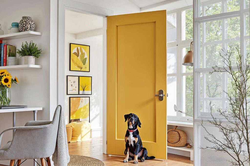 sunny home office with golden yellow door white walls white trim and a dog, sunny home office with a golden yellow door white walls and light maple floors in a scottsdale home featuring fresh décor and dramatic moody lighting, refresh interior doors, creative door painting, door color ideas, painted door inspiration, unique door painting designs, ideas for painting doors, painting indoor doors, painting doors inside, painting home interior doors, how to paint interior doors, home color palette