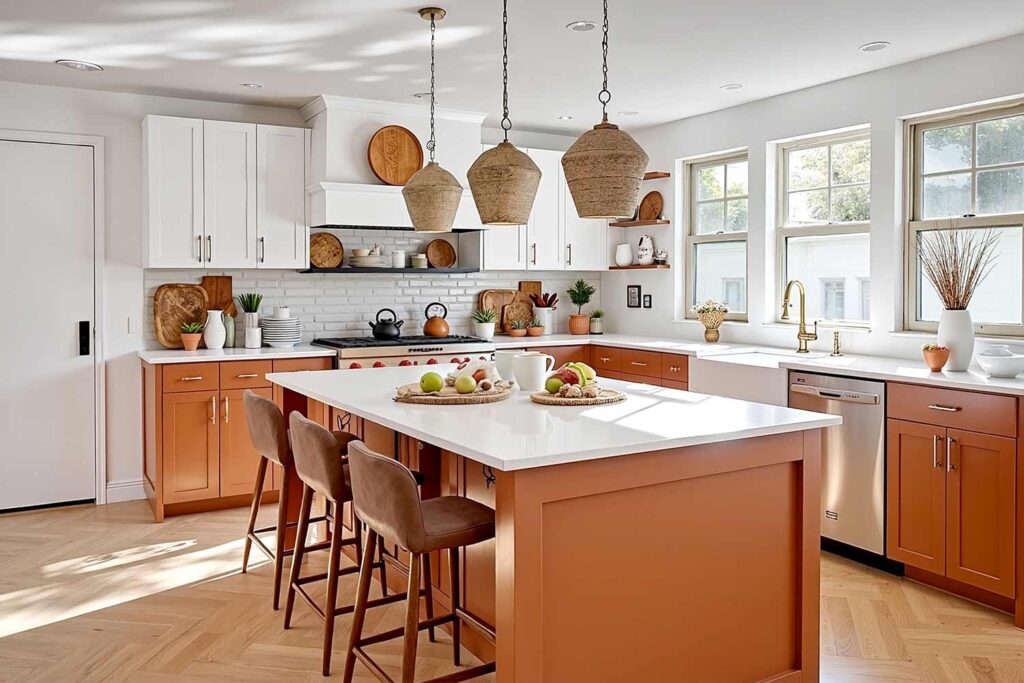 terracotta and white two-toned shaker cabinets in a Phoenix neighborhood kitchen costs of painting versus total cabinet replacement, terracotta and white two toned shaker cabinets phoenix neighborhood kitchen with herringbone wood flooring, Phoenix neighborhood kitchen with terracotta and white two-toned Shaker cabinets, freshly painted walls, and shiny white trim. Features herringbone wood floors, open shelving with ceramics and vases, a lived-in dining table, and dramatic sunlight with deep shadows and highlights. A casual dish towel and stray apple add a natural, authentic touch in this Scottsdale home, average cabinet painting cost in Phoenix Arizona, Average Cost to paint cabinets Phoenix Arcadia AZ, cost to paint cabinets, cabinet painting cost, cabinet painting phoenix, painting cabinets vs replacing them, cost to replace cabinets, orange and white cabinets