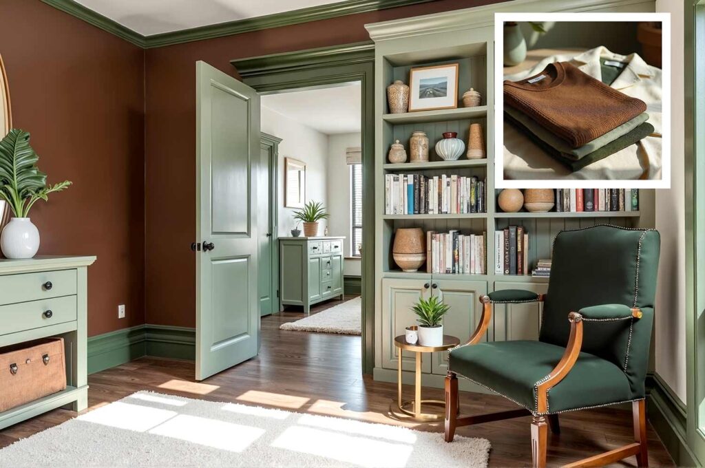 tranquil den reading nook with mocha brown walls and olive green trim and pale sage door, house colors inspired by clothing, house paint colors, using your wardrobe to help design your color palette , house color schemes, house painting inspiration, home paint colors, paint color inspiration, Fashion-inspired home colors, Wardrobe-inspired color palettes