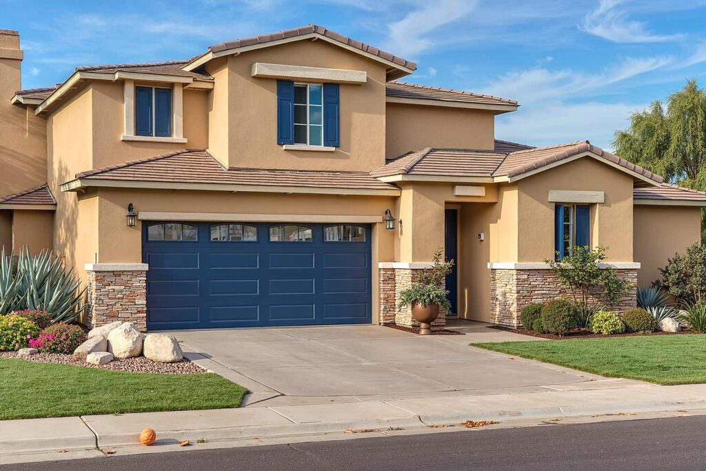 Large transitional house with a two-car garage in a Scottsdale neighborhood, recently painted in fresh tan with white trim, navy blue front and garage doors, and stacked stone accents. Features lush landscaping, modern planters, a bronze sculpture, and a dirty, stained driveway in dramatic late afternoon light. tan house with black garage door, affordable exterior painting contractors, best exterior home painting contractors, Transform Your Home's Curb Appeal with one of the Best Exterior Painting Contractors in Phoenix, best exterior painting contractors, exterior painting contractor near me, exterior painting contractors near me, exterior paint contractor near me, exterior paint contractors near me, exterior painting company near me, exterior house painting contractors, exterior home painting contractors, exterior painting contractor, exterior painting contractors, exterior paint contractors, Phoenix, Scottsdale, Arcadia
