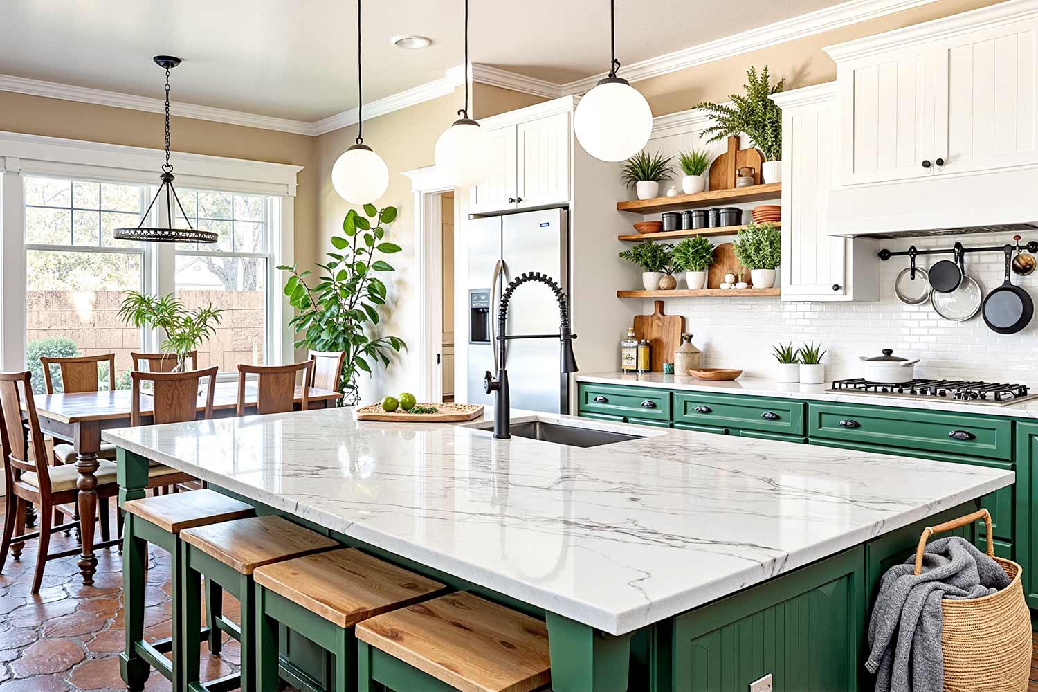 two-toned kitchen with white upper cabinets and forest green lower cabinets and terracotta floor, classic two toned kitchen white upper cabinets forest green lower cabinets terracotta tile floors Scottsdale neighborhood, classic two-toned kitchen in a Scottsdale neighborhood featuring white upper cabinets and forest green lower cabinets with recessed panels. The kitchen has freshly painted beige walls white trim and terracotta or Saltillo tile flooring. Counters are filled with wooden cutting boards ceramic jars fresh herbs hanging utensils and a soft knit throw casually draped over a cabinet door. Harsh late morning sunlight streams through a large window casting dramatic shadows and bright highlights that create a moody and lived-in atmosphere. green and white kitchen, average cabinet painting cost in Phoenix Arizona, Average Cost to paint cabinets Phoenix Arcadia AZ, cost to paint cabinets, cabinet painting cost, cabinet painting phoenix, painting cabinets vs replacing them, cost to replace cabinets, green and white cabinets, painting contractor phoenix, Factors to consider when choosing a painting contractor When it comes to transforming your home with a fresh coat of paint, the choice of painting contractor can make all the difference. With so many options available in Phoenix, it's essential to carefully evaluate the credentials, experience, and reputation of potential candidates to ensure you're making the best decision for your home and your budget.
