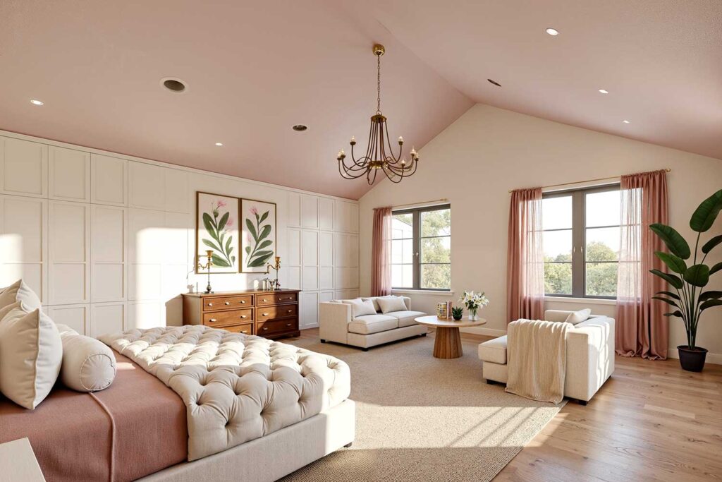 Bedroom with Blush Pink Walls Cream Trim and Dusty Mauve Ceiling-5, painting the fifth wall, Fifth wall painting ideas, Designing the fifth wall, Fifth wall color application, Accenting the fifth wall, Transforming the fifth wall