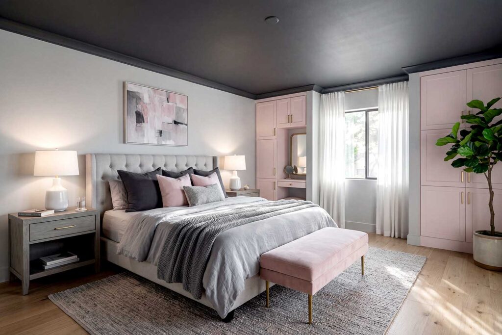 Bedroom with Charcoal Gray Ceiling and Light Dove Gray Walls-1, painting the fifth wall, Fifth wall painting ideas, Designing the fifth wall, Fifth wall color application, Accenting the fifth wall, Transforming the fifth wall