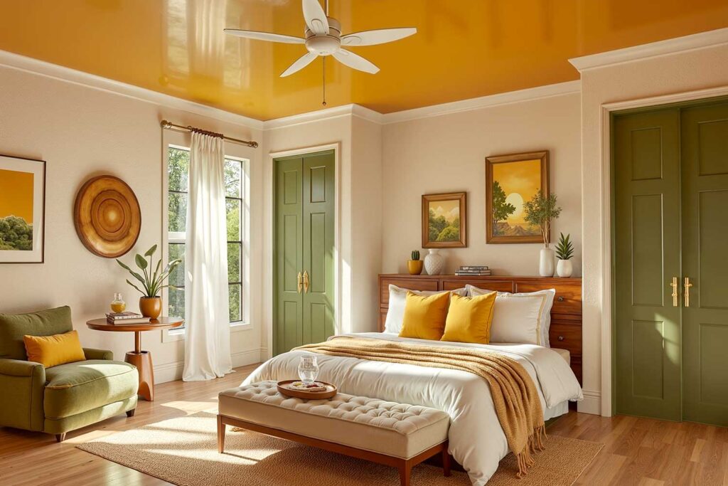 Bedroom with Ochre Yellow Ceiling Alabaster Walls and Olive Doors-2, painting the fifth wall, Fifth wall painting ideas, Designing the fifth wall, Fifth wall color application, Accenting the fifth wall, Transforming the fifth wall