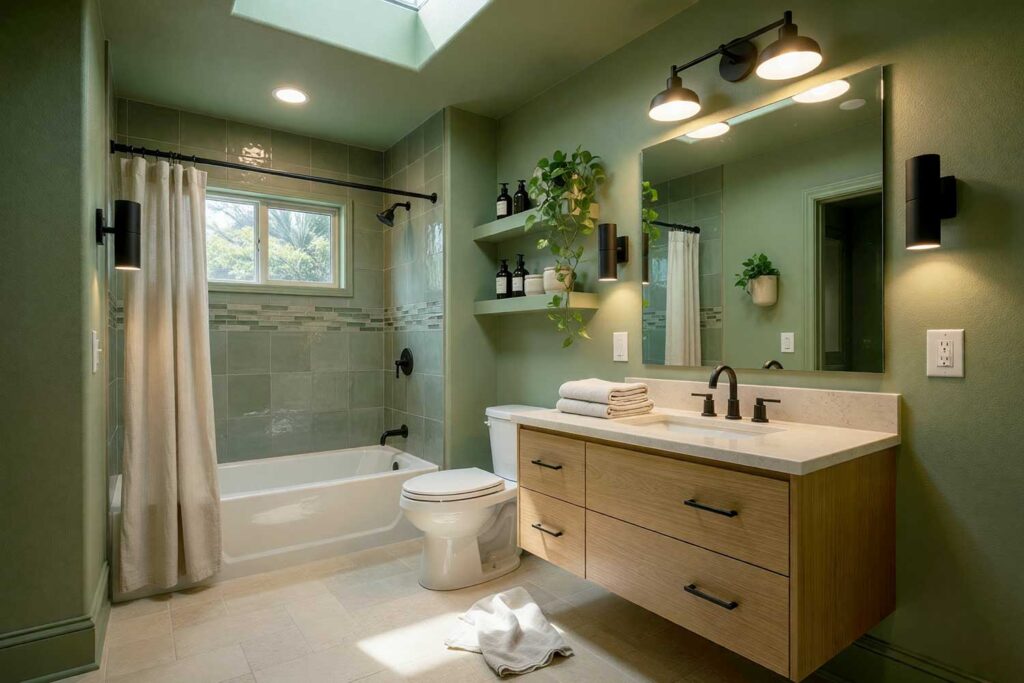 Calming Warm Sage Bathroom with Matte Cream Tile Floors and Oak Cabinet-5, tone-on-tone interior, monochromatic paint scheme, bold immersive interior, single-color room painting, deep color room design, enveloping paint treatment, all-encompassing interior color, room-wide color commitment