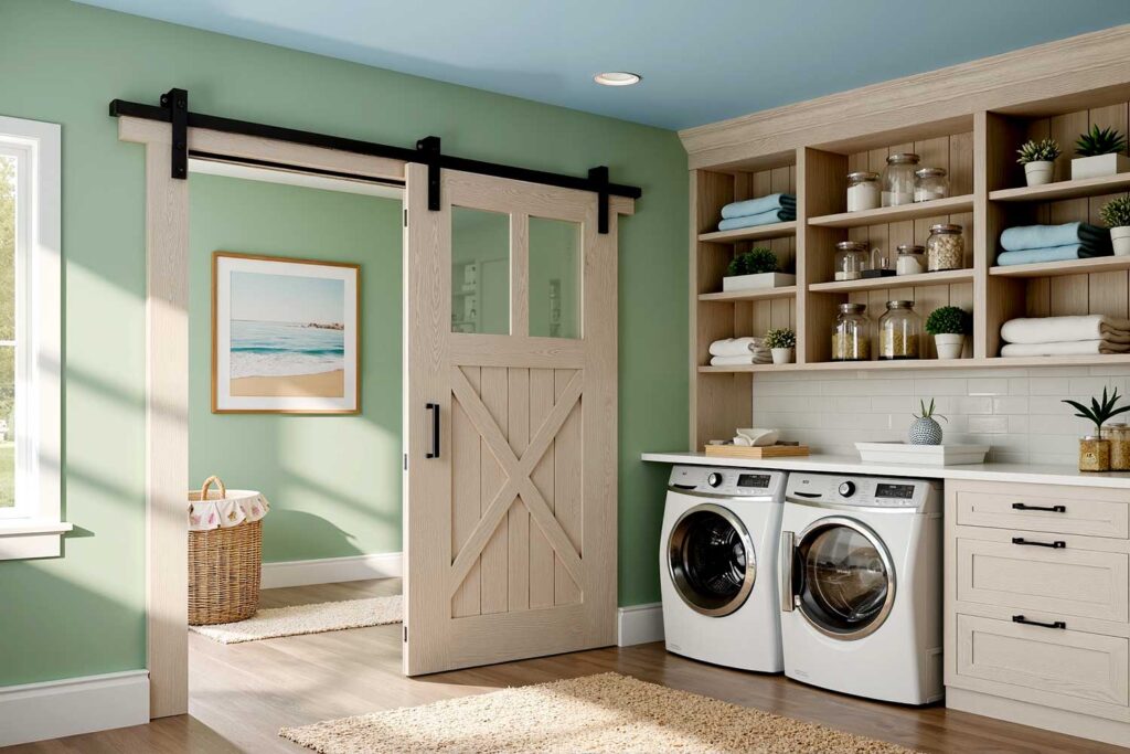 Coastal-Inspired Laundry Room with Seafoam Green Walls and Light Blue Ceiling-2, laundry room paint colors, laundry room color schemes, laundry room color palettes, paint colors for laundry rooms, best colors for laundry rooms, washroom paint colors, laundry space hues, laundry room paint shades