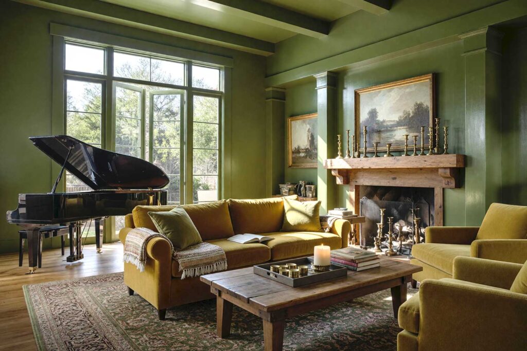 Deep Olive Color Drenched Interior Paint Living Room with Restored Original Pine Floors, tone-on-tone interior, monochromatic paint scheme, bold immersive interior, single-color room painting, deep color room design, enveloping paint treatment, all-encompassing interior color, room-wide color commitment