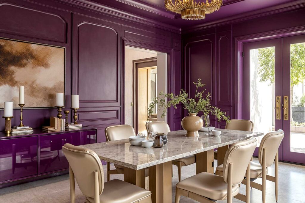 Deep Plum Dining Room with Deep Ivory Stone Floors-2, tone-on-tone interior, monochromatic paint scheme, bold immersive interior, single-color room painting, deep color room design, enveloping paint treatment, all-encompassing interior color, room-wide color commitment