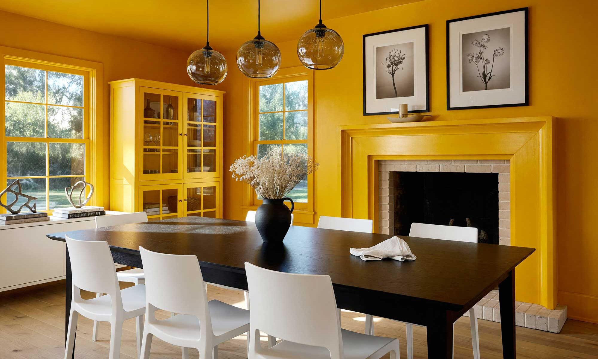 Deep Saffron Color Drenched Interior Paint Dining Room with Light White Oak Floors-4, tonal paint technique, cohesive color interior, all-surface color painting, wraparound color design, floor-to-ceiling color scheme, saturated room painting, seamless color interior, whole-room color palette