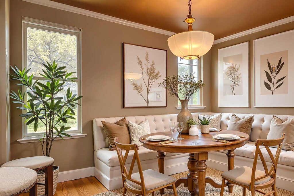 Dining Nook with Rich Caramel Brown Ceiling Warm Beige Walls-2, ceiling painting, Painting a ceiling, Overhead painting, Ceiling paint application, Ceiling color transformation, Ceiling color updates