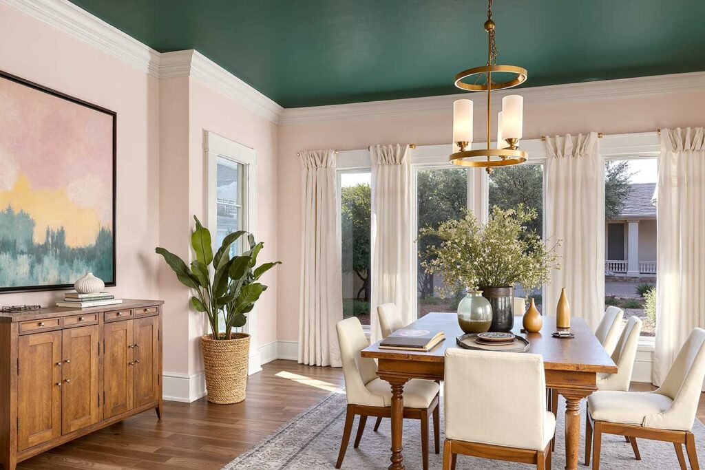 Dining Room with Emerald Green Ceiling and Pale Blush Pink Walls-2, ceiling painting, Painting a ceiling, Overhead painting, Ceiling paint application, Ceiling color transformation, Ceiling color updates