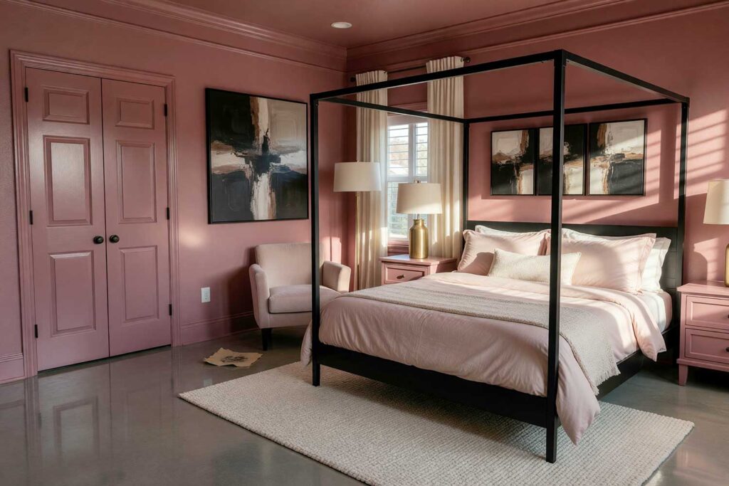 Dusty Rose Guest Bedroom with Polished Concrete Floors-1, tonal paint technique, cohesive color interior, all-surface color painting, wraparound color design, floor-to-ceiling color scheme, saturated room painting, seamless color interior, whole-room color palette